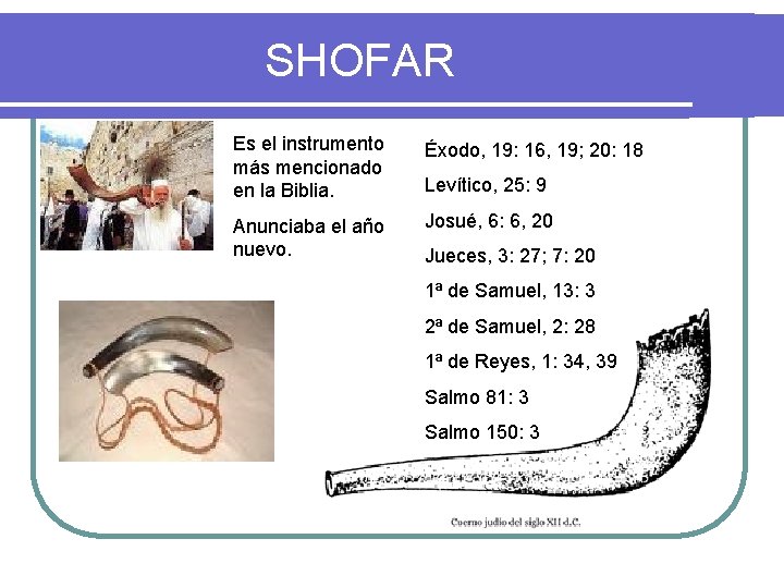 SHOFAR Es el instrumento más mencionado en la Biblia. Éxodo, 19: 16, 19; 20: