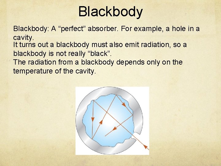Blackbody: A “perfect” absorber. For example, a hole in a cavity. It turns out
