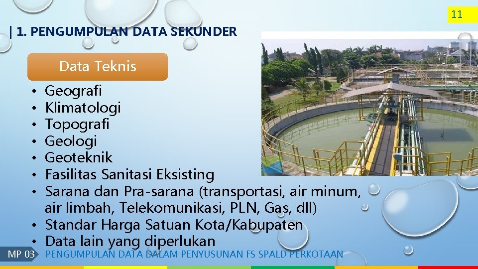 11 | 1. PENGUMPULAN DATA SEKUNDER Data Teknis Geografi Klimatologi Topografi Geologi Geoteknik Fasilitas