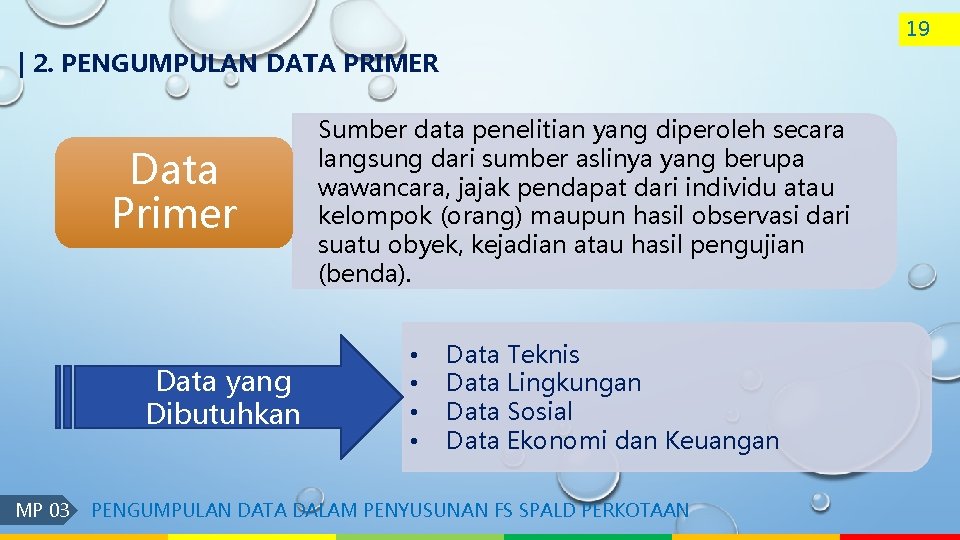 19 | 2. PENGUMPULAN DATA PRIMER Data Primer Data yang Dibutuhkan MP 03 Sumber