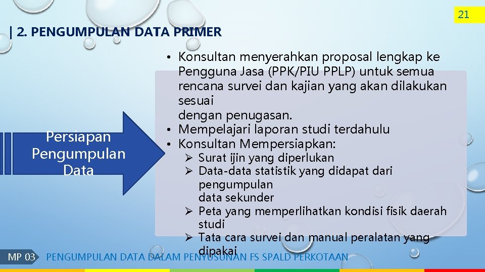 21 | 2. PENGUMPULAN DATA PRIMER Persiapan Pengumpulan Data MP 03 • Konsultan menyerahkan