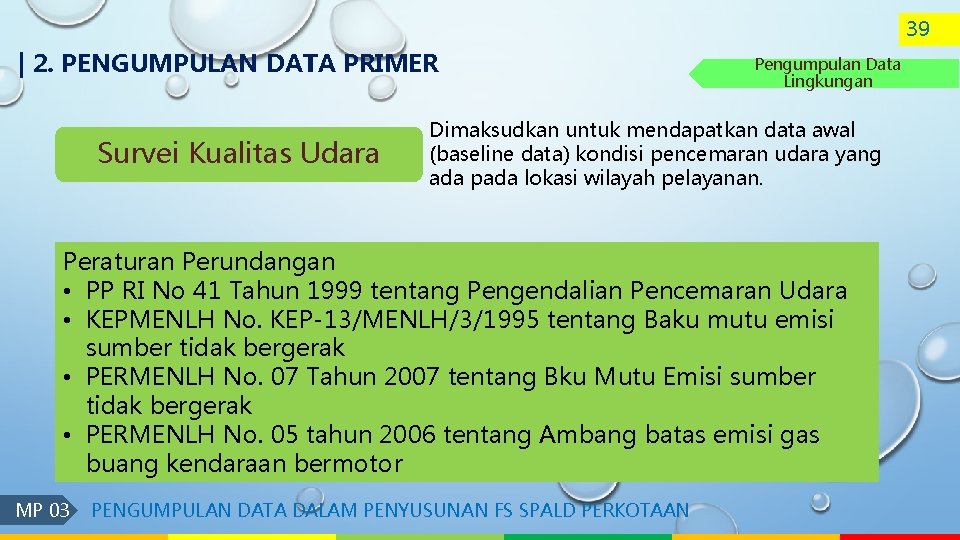 39 | 2. PENGUMPULAN DATA PRIMER Survei Kualitas Udara Pengumpulan Data Lingkungan Dimaksudkan untuk