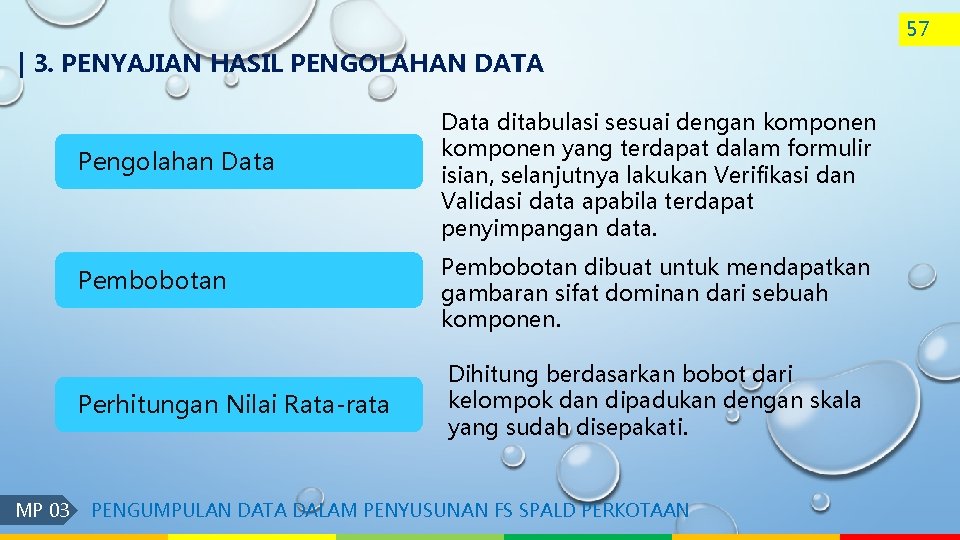 57 | 3. PENYAJIAN HASIL PENGOLAHAN DATA Pengolahan Data Pembobotan Perhitungan Nilai Rata-rata MP