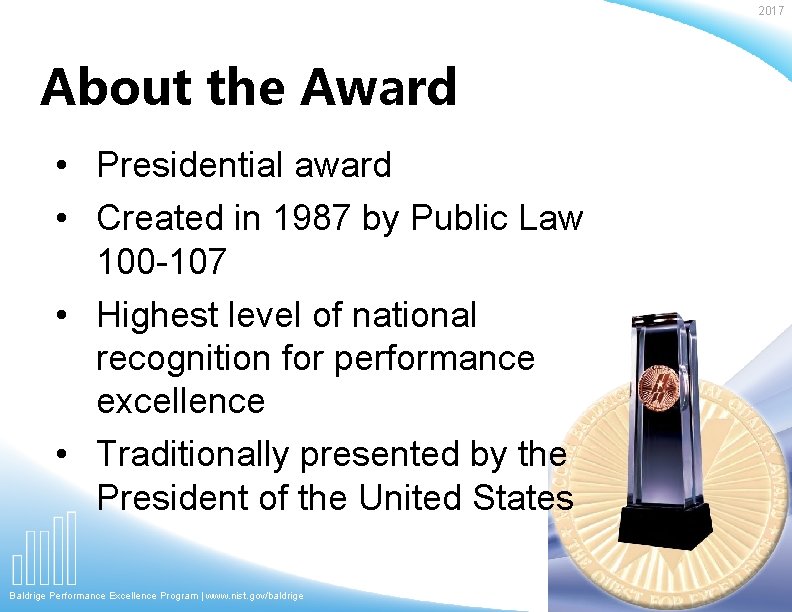 2017 About the Award • Presidential award • Created in 1987 by Public Law