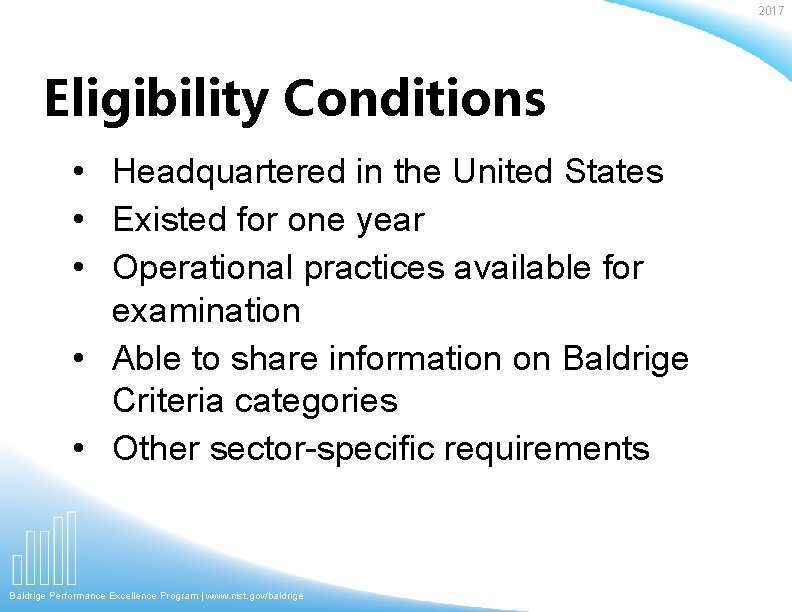 2017 Eligibility Conditions • Headquartered in the United States • Existed for one year