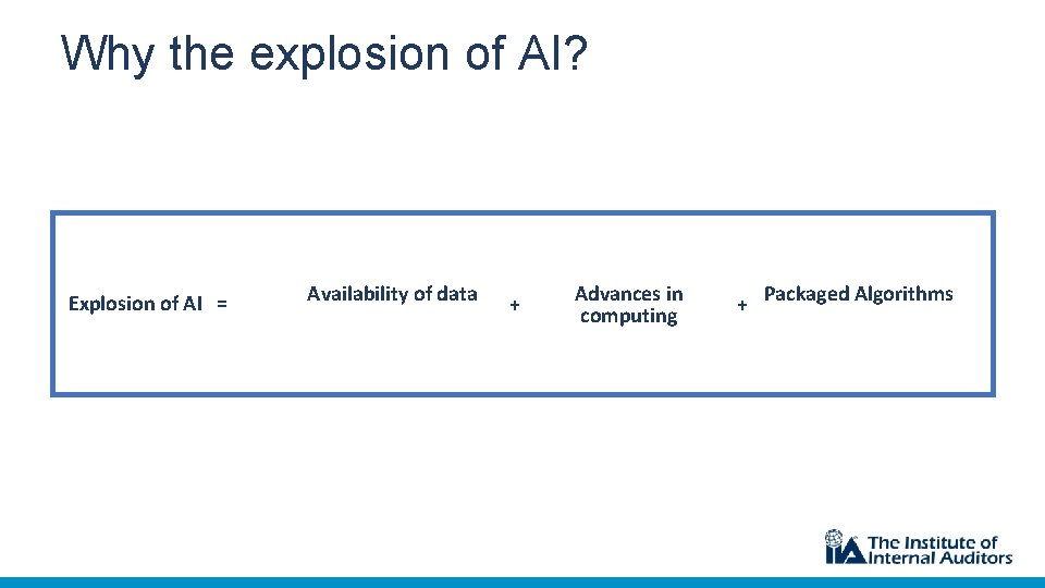 Why the explosion of AI? Explosion of AI = Availability of data + Advances