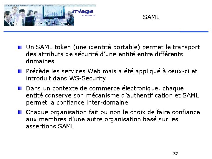 SAML Un SAML token (une identité portable) permet le transport des attributs de sécurité