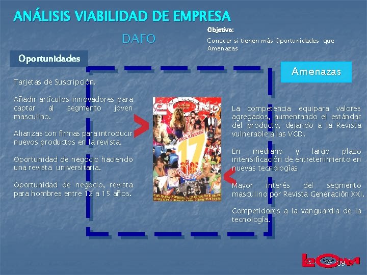 ANÁLISIS VIABILIDAD DE EMPRESA DAFO Oportunidades Tarjetas de Suscripción. Añadir artículos innovadores para captar