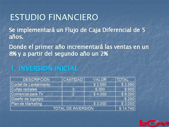 ESTUDIO FINANCIERO Se implementará un Flujo de Caja Diferencial de 5 años. Donde el