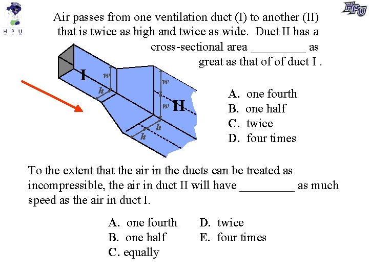 Air passes from one ventilation duct (I) to another (II) that is twice as