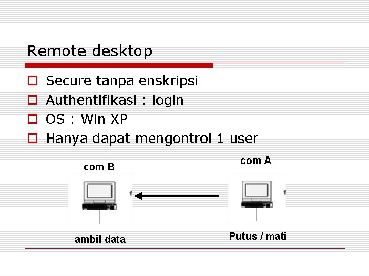 Remote desktop o o Secure tanpa enskripsi Authentifikasi : login OS : Win XP