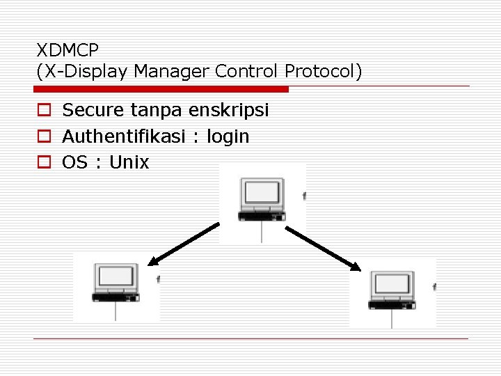 XDMCP (X-Display Manager Control Protocol) o Secure tanpa enskripsi o Authentifikasi : login o