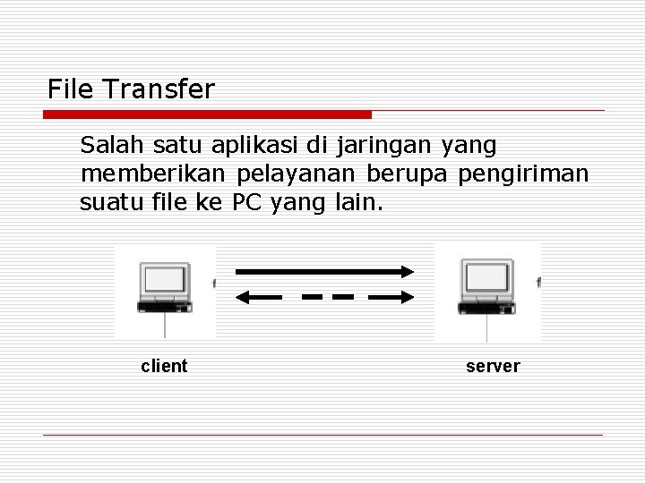 File Transfer Salah satu aplikasi di jaringan yang memberikan pelayanan berupa pengiriman suatu file