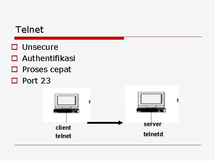 Telnet o o Unsecure Authentifikasi Proses cepat Port 23 client telnet server telnetd 