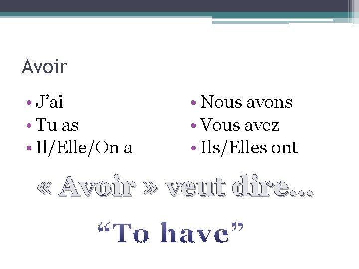 Avoir • J’ai • Tu as • Il/Elle/On a • Nous avons • Vous