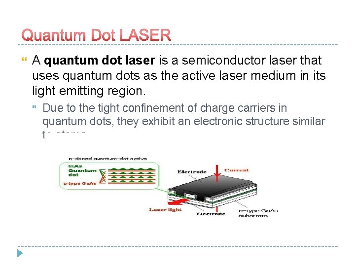  A quantum dot laser is a semiconductor laser that uses quantum dots as