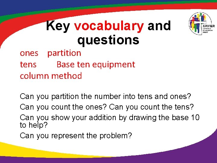 Key vocabulary and questions ones partition tens Base ten equipment column method Can you