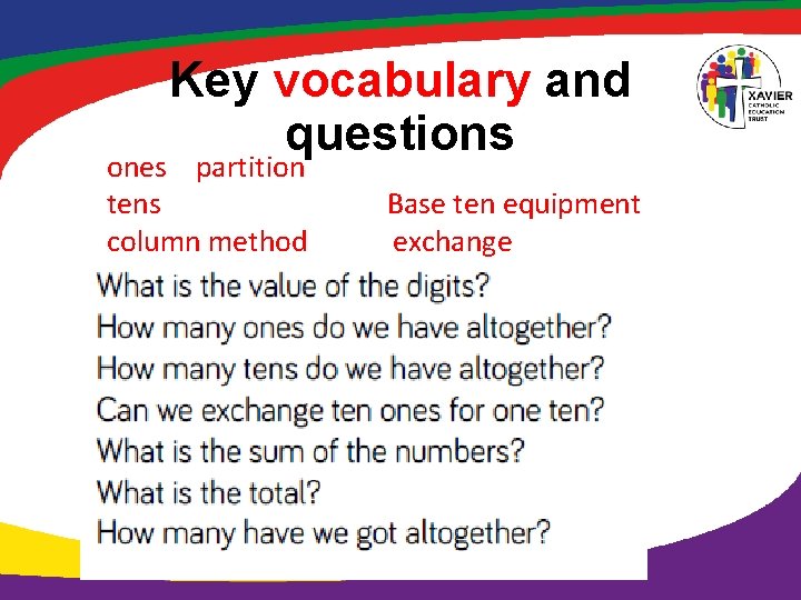 Key vocabulary and questions ones partition tens column method Base ten equipment exchange 