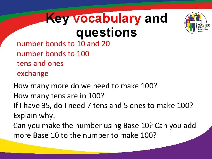 Key vocabulary and questions number bonds to 10 and 20 number bonds to 100