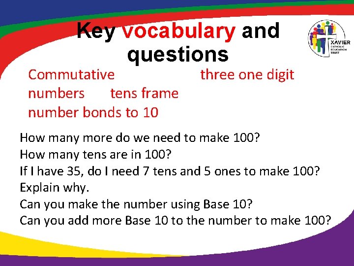 Key vocabulary and questions Commutative numbers tens frame number bonds to 10 three one