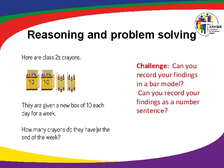 Reasoning and problem solving Challenge: Can you record your findings in a bar model?