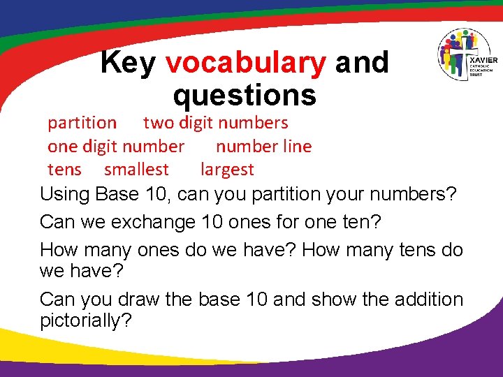 Key vocabulary and questions partition two digit numbers one digit number line tens smallest