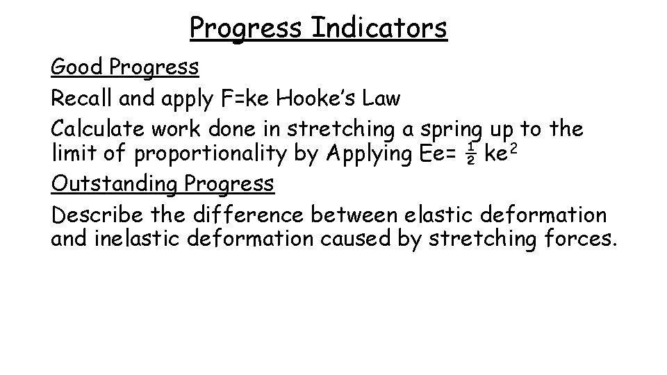 Progress Indicators Good Progress Recall and apply F=ke Hooke’s Law Calculate work done in