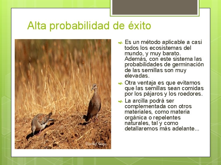 Alta probabilidad de éxito Es un método aplicable a casi todos los ecosistemas del