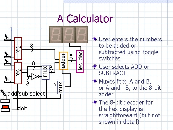 8 add/sub select doit 0 1 8 led-dec adder 8 mux reg … 8