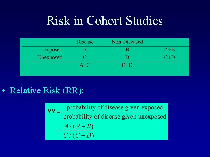 Risk in Cohort Studies • Relative Risk (RR): 