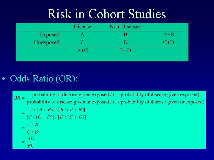 Risk in Cohort Studies • Odds Ratio (OR): 
