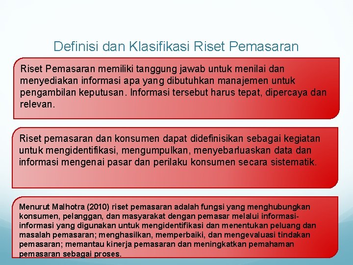 Definisi dan Klasifikasi Riset Pemasaran memiliki tanggung jawab untuk menilai dan menyediakan informasi apa