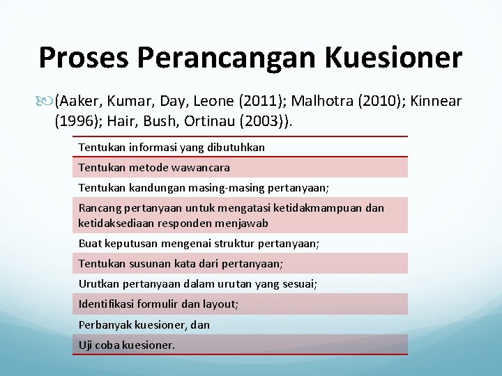 Proses Perancangan Kuesioner (Aaker, Kumar, Day, Leone (2011); Malhotra (2010); Kinnear (1996); Hair, Bush,