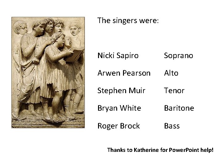 The singers were: Nicki Sapiro Soprano Arwen Pearson Alto Stephen Muir Tenor Bryan White
