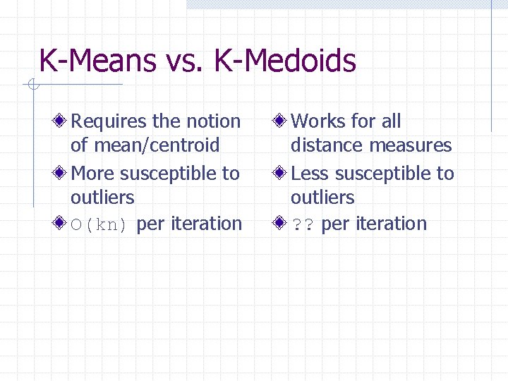 K-Means vs. K-Medoids Requires the notion of mean/centroid More susceptible to outliers O(kn) per