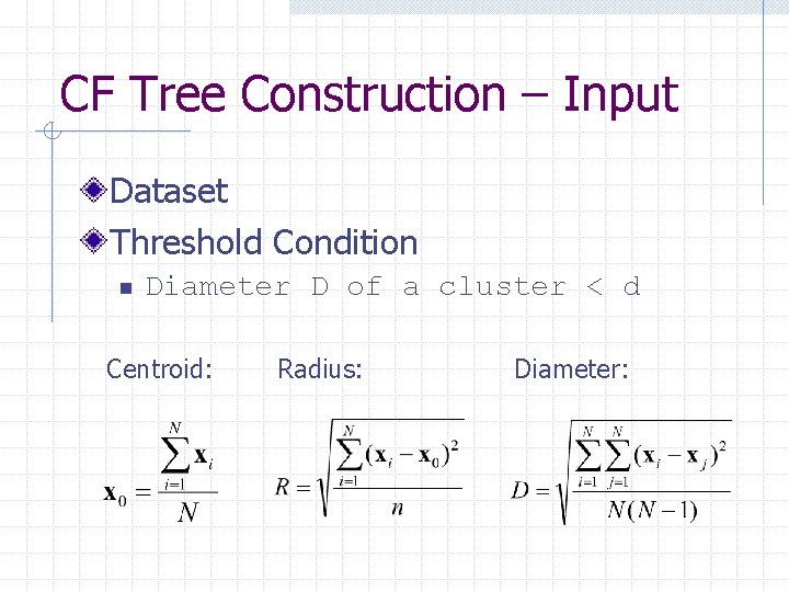 CF Tree Construction – Input Dataset Threshold Condition n Diameter D of a cluster