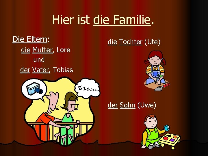 Hier ist die Familie. Die Eltern: die Mutter, Lore und der Vater, Tobias die