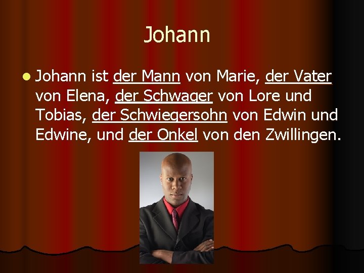 Johann l Johann ist der Mann von Marie, der Vater von Elena, der Schwager