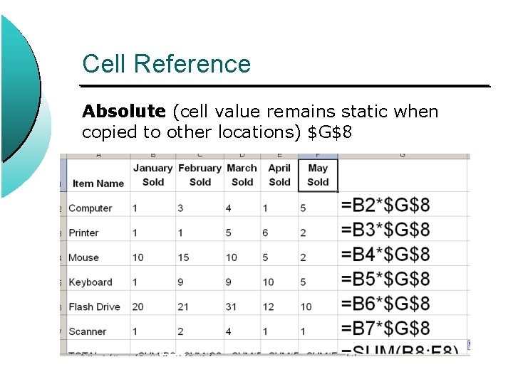 Cell Reference Absolute (cell value remains static when copied to other locations) $G$8 