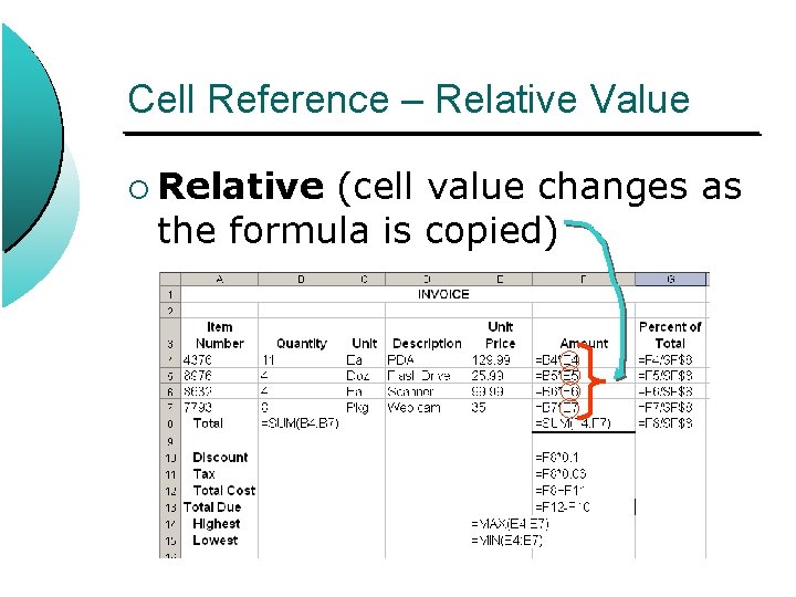 Cell Reference – Relative Value ¡ Relative (cell value changes as the formula is