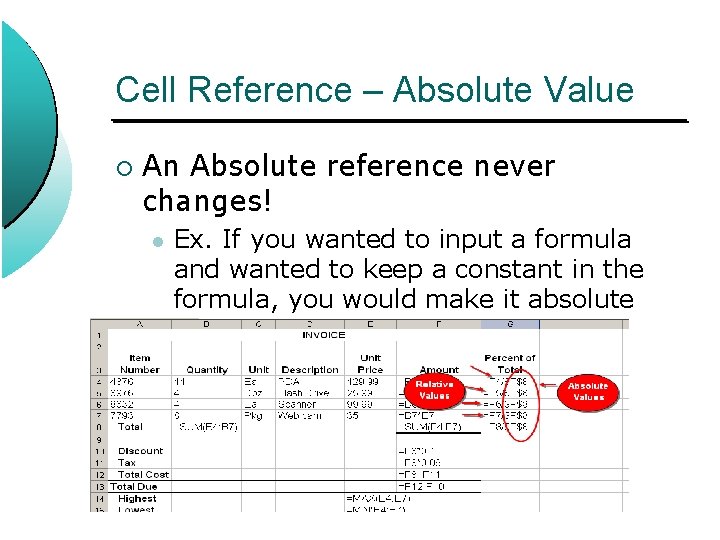 Cell Reference – Absolute Value ¡ An Absolute reference never changes! l Ex. If