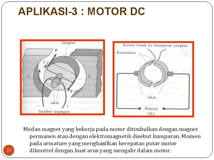 APLIKASI-3 : MOTOR DC 23 Medan magnet yang bekerja pada motor ditimbulkan dengan magnet