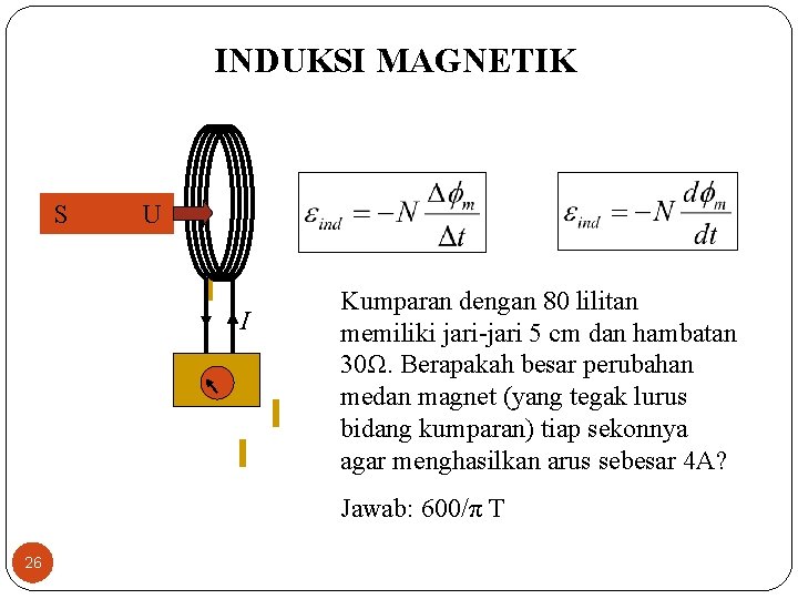 INDUKSI MAGNETIK S U I Kumparan dengan 80 lilitan memiliki jari-jari 5 cm dan