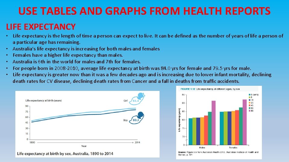 USE TABLES AND GRAPHS FROM HEALTH REPORTS LIFE EXPECTANCY • Life expectancy is the