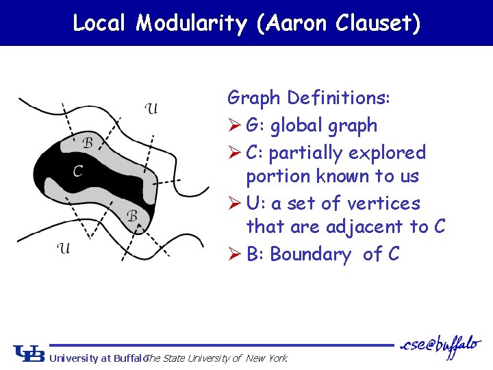 Local Modularity (Aaron Clauset) Graph Definitions: Ø G: global graph Ø C: partially explored