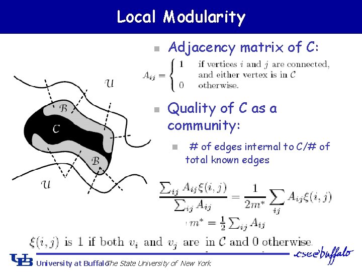 Local Modularity n n Adjacency matrix of C: Quality of C as a community: