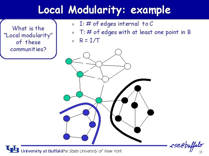 Local Modularity: example What is the “Local modularity” of these communities? n n n