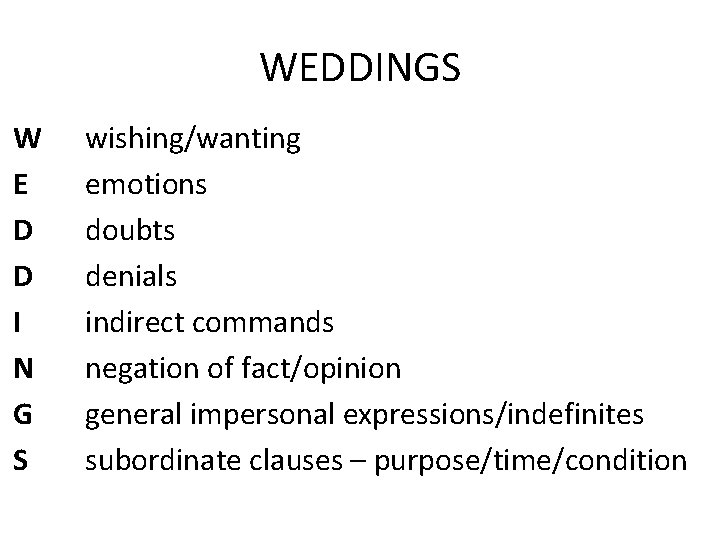 WEDDINGS W E D D I N G S wishing/wanting emotions doubts denials indirect