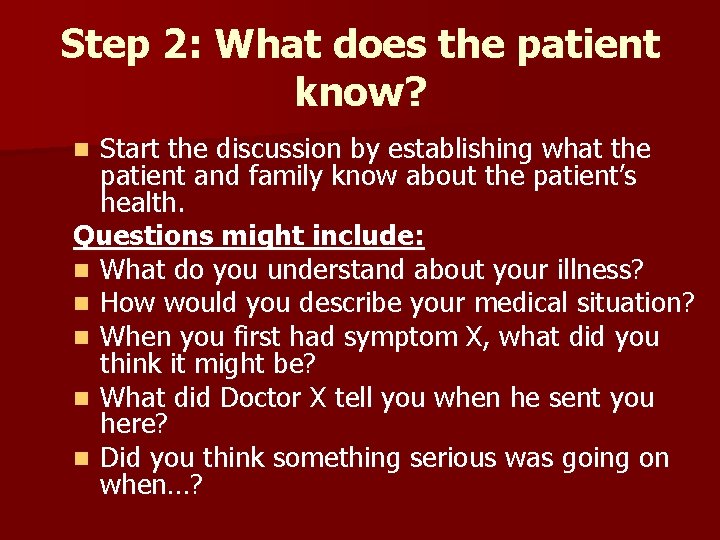 Step 2: What does the patient know? Start the discussion by establishing what the