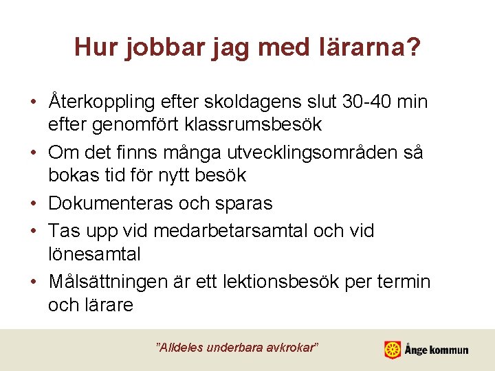 Hur jobbar jag med lärarna? • Återkoppling efter skoldagens slut 30 -40 min efter